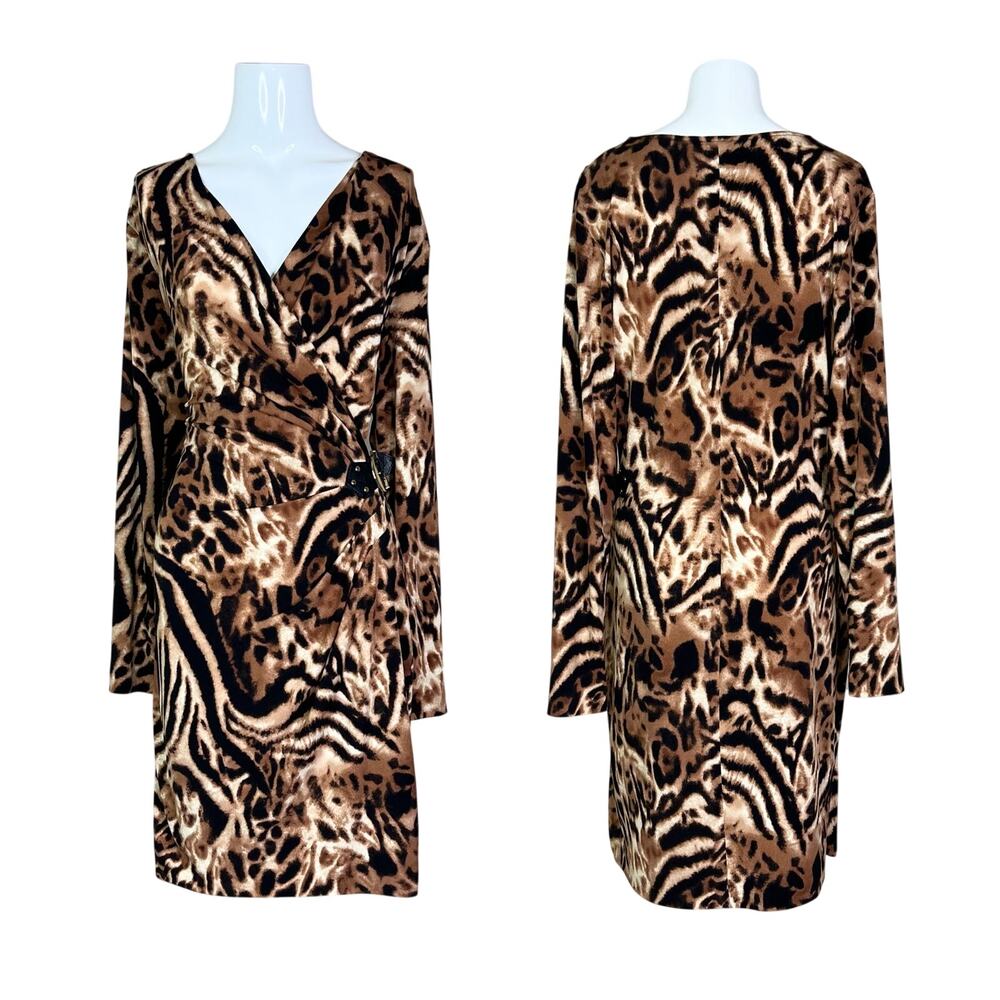 Cache | Y2K Vintage Animal Cheetah Leopard Print Long Sleeve Wrap Mini Dress L
